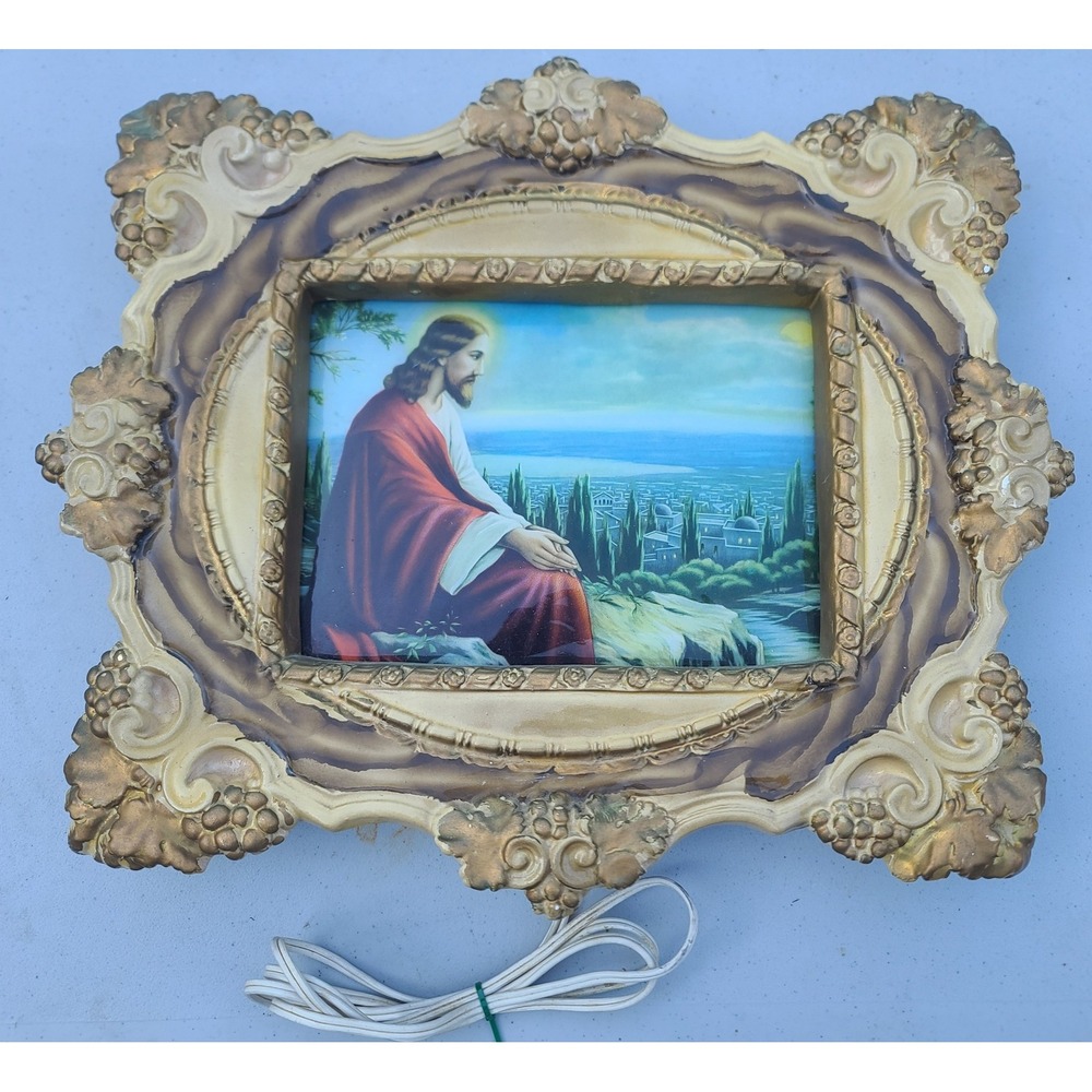 Christ on Mount of Olive 3D Light Up Ornate‎ Gold Frame Picture Vintage VIDEO